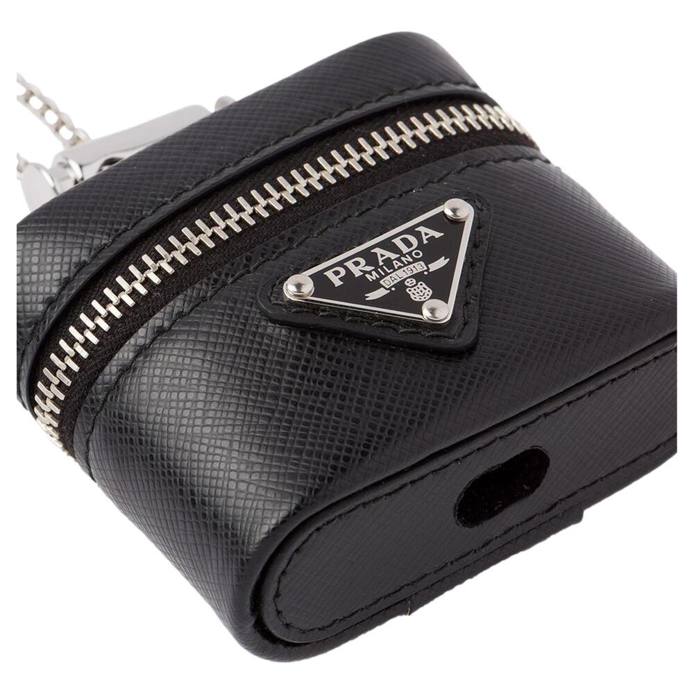 Prada Triangle Saffiano Black Leather Mini Airpods Case with - Picture 1 of 3